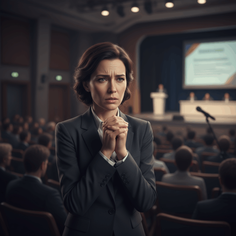 Nervöse Person mit Lampenfieber hinter der Bühne vor einem öffentlichen Auftritt, angespannt und nachdenklich, mit unscharfem Publikum im Hintergrund.