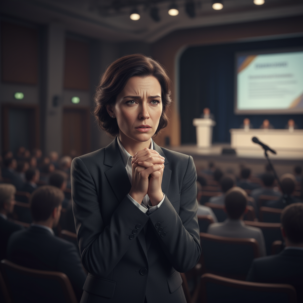 Nervöse Person mit Lampenfieber hinter der Bühne vor einem öffentlichen Auftritt, angespannt und nachdenklich, mit unscharfem Publikum im Hintergrund.