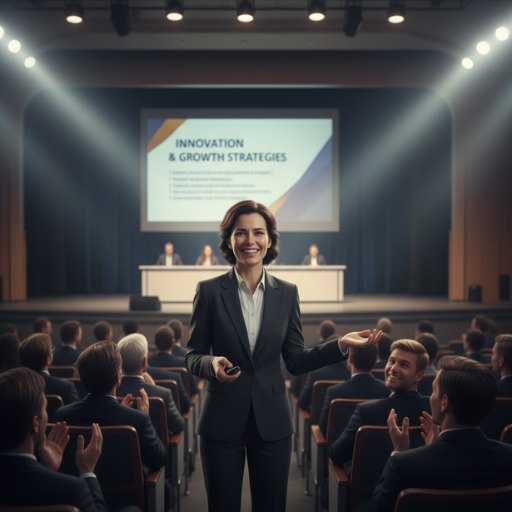 Selbstbewusste Person bei Präsentation ohne Lampenfieber, mit klarer Körpersprache und positiver Ausstrahlung vor aufmerksamem Publikum.