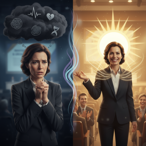 Symbolisches Bild zur Überwindung von Lampenfieber – links Stress und Angst, rechts Selbstvertrauen und Ruhe in heller, positiver Atmosphäre.