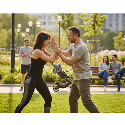 Frau trainiert Selbstverteidigung im Park mit Trainer – mentale Stärke und körperlicher Schutz für maximale Sicherheit im Alltag.