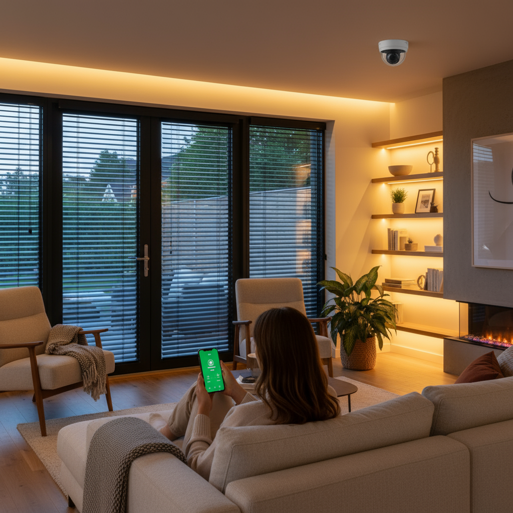 Frau überprüft Alarmanlage auf Smartphone in einem gesicherten Wohnzimmer mit Kamera und Rollläden – maximale Sicherheit für jeden Lebensbereich.