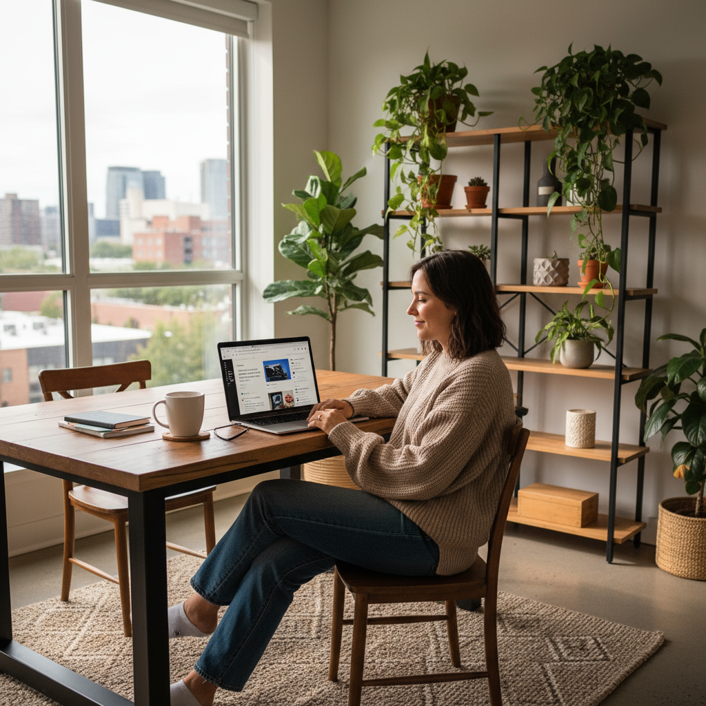 Person arbeitet am Laptop im Home-Office bei Tageslicht – typischer Nebenjob Internet von zu Hause aus.