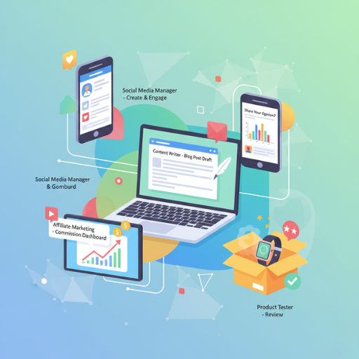 Collage zeigt verschiedene Möglichkeiten für einen Nebenjob im Internet: Texter, Produkttester, Affiliate, Social Media.