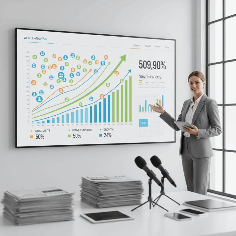 Erfolgreiche PR-Strategie steigert Webtraffic – Businessfrau präsentiert Website-Statistiken mit steigenden Besucherzahlen und Medien-Symbolen im Büro.