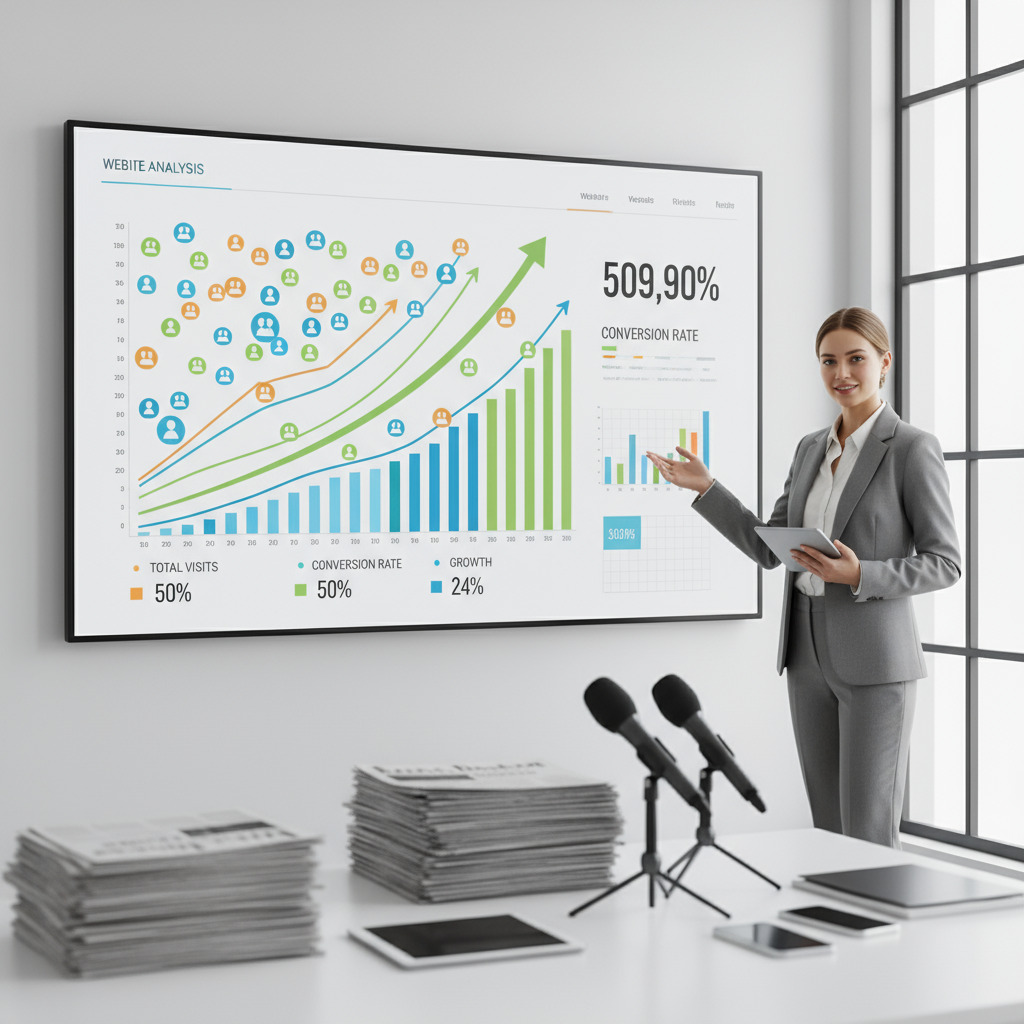 Erfolgreiche PR-Strategie steigert Webtraffic – Businessfrau präsentiert Website-Statistiken mit steigenden Besucherzahlen und Medien-Symbolen im Büro.